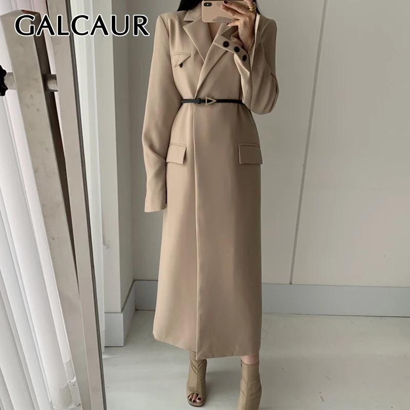 

GALCAUR хаки Элегантные Дизайнерские воротники с длинным рукавом с поясом однотонные минималистичные пальто женская одежда 2021