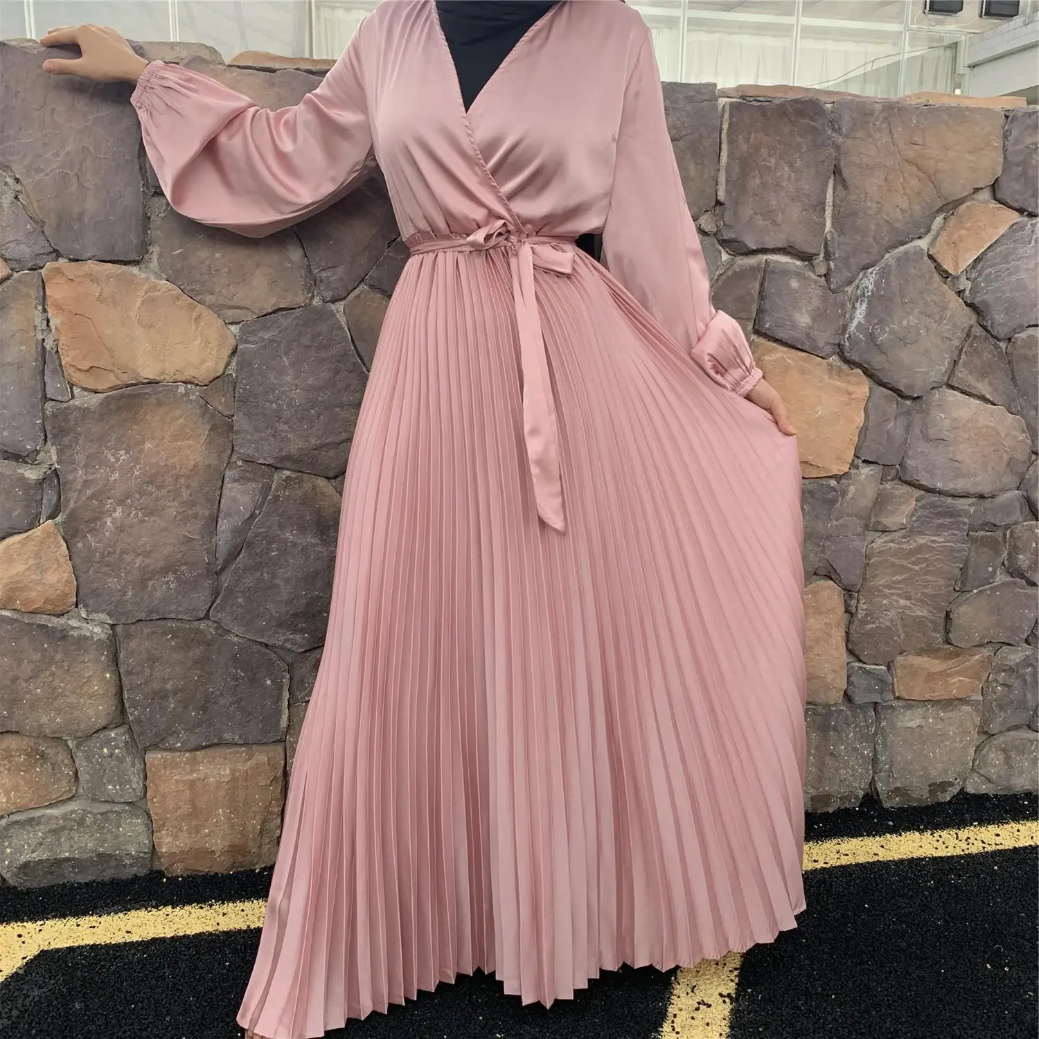 Рамадан атласный хиджаб платье Дубай абайя Турция летние мусульманские Модные платья с расклешенными рукавами для фото CM014