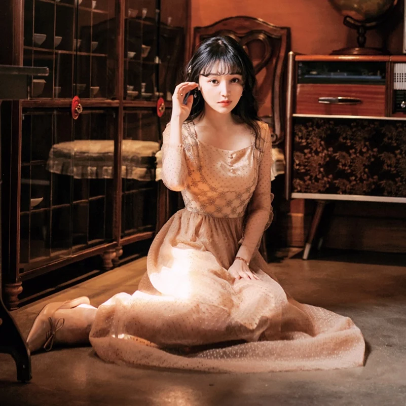 Женское платье с длинным рукавом Сетчатое вышивкой в горошек 2021 | Женская одежда