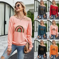 womens round neck long sleeved solid color cotton linen rainbow and christmas tree pattern casual loose fashion t shirt