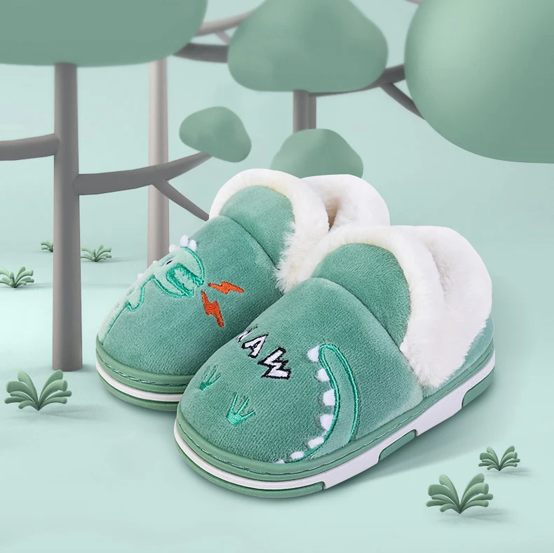Зимние шлепанцы с мехом динозавра из мультфильма; детские шлепанцы для мальчиков; домашние рождественские тапочки для маленьких детей; бархатная плюшевая обувь на плоской подошве