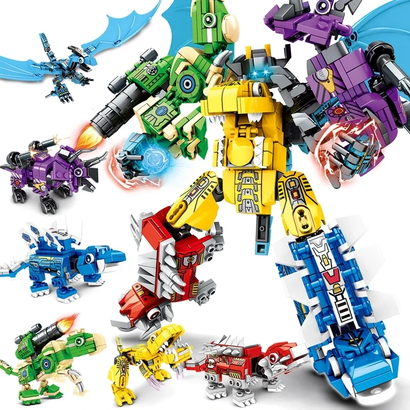 

Assemble 6IN1 Robot Dinobots Building Blocks Toys Dinosaur Tyrannosaurus Velociraptor Pterodactyl Triceratops Brick Toy for Boys