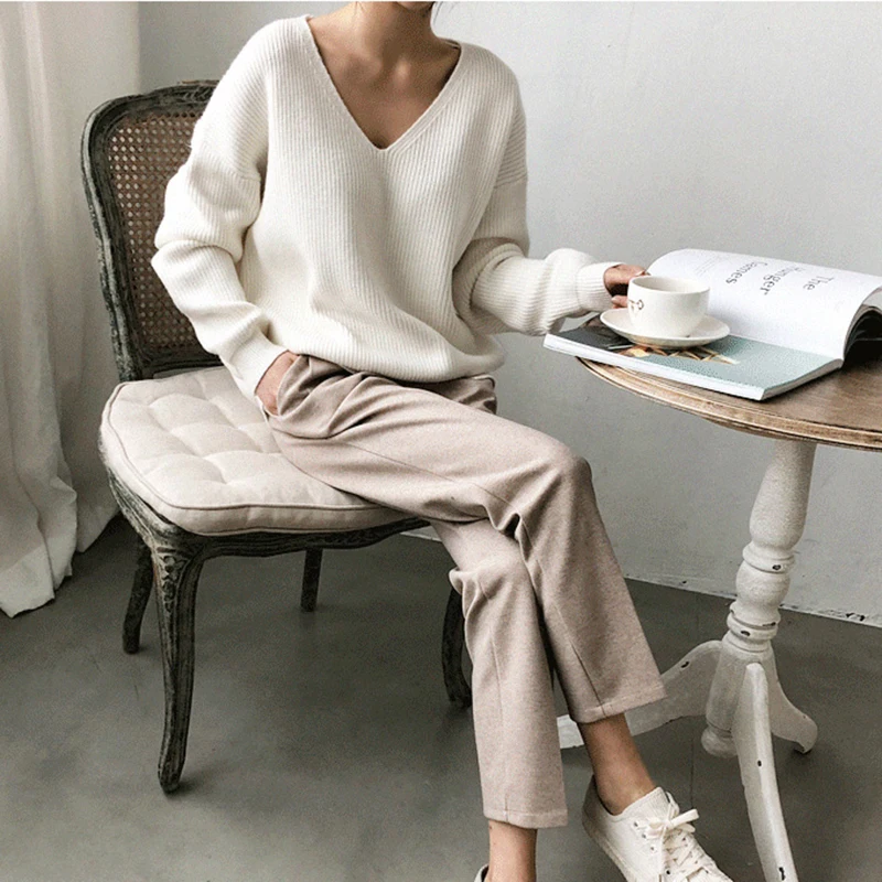 

neck Knitted Oversized Sweaters Women Autumn Winter Long Sleeve Basic Sweater Women White Casual Loose Pullovers Female