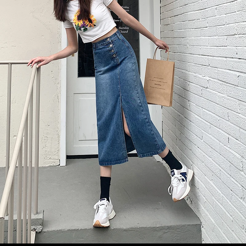 

Split Skirt Female Summer High Waist Straight Spring and Autumn 2021 New Style Breasted Hip A-Line Mid-length Denim Skirt