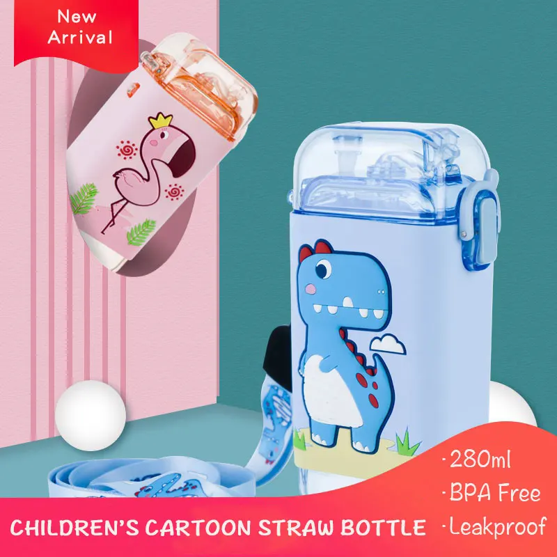 

Cartoon Children Water Bottle 280ml with Rope Portable Square Kettle Sealed Leak-Proof BPA Free Tritan Baby Milk Cup