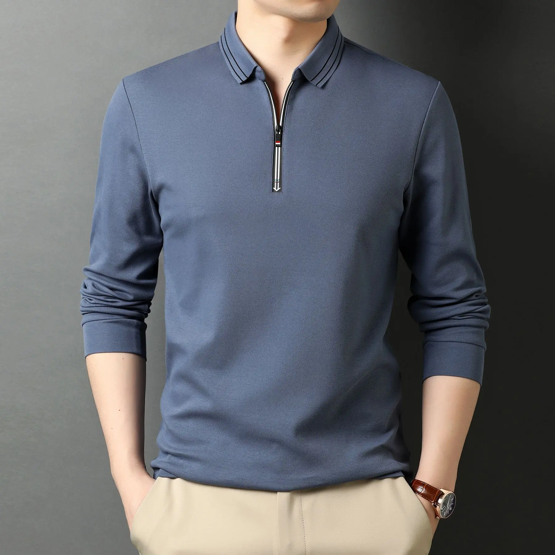 

100% Cotton Zipper Collar Polo Shirt Men Long Sleeve Solid Color Business Polos Brand Hight Quality Poloshirt Blue Black 2020