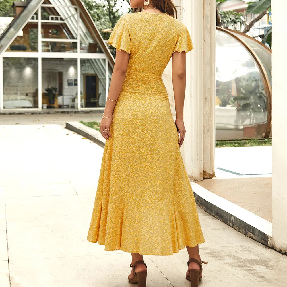 

Bohemian Dress Women 2021 New Style Summer Printed Dresses V-Neck Short Sleeve Pullover Asymmetric Lace-Up Color Block