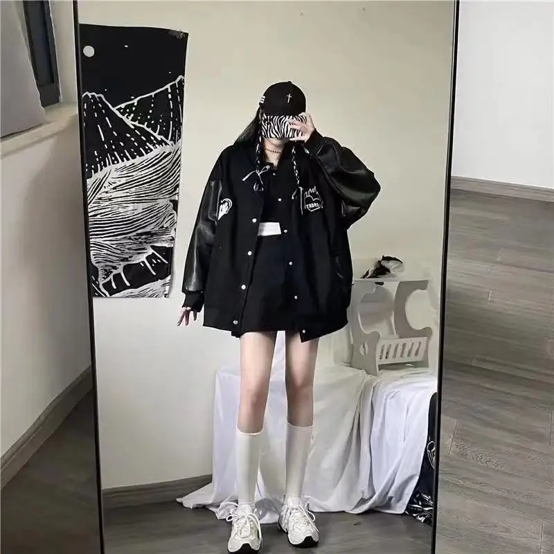 

2021 new youth apparel women's Korean Harajuku style jacket jacket oversized jacket leather pure black women's jacket