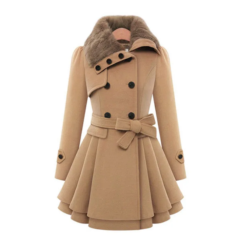 

Модный женский тонкий Тренч FAKUNTN, пальто с меховым воротником, зимнее шерстяное пальто, верхняя одежда, двубортные элегантные пальто