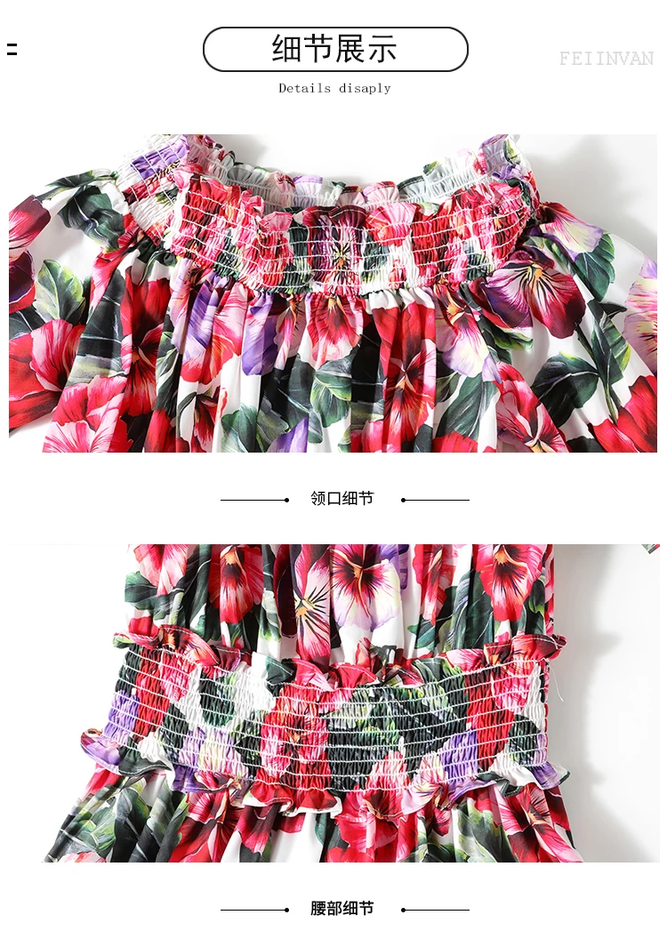 

Summer Runway Puff Sleeve Rose Floral Print Short Dress Women Off Shoulder Elastic Waist Party Robe Beach Boho Dress N78683