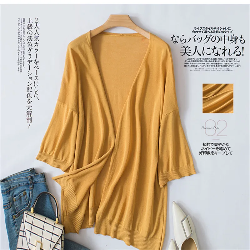 

Spring Summer Women Midi Long Cardigan Jacket Casual Loose Ice Silk Knitted Cardigans Female Thin shawl Coat Plus Size AB1843