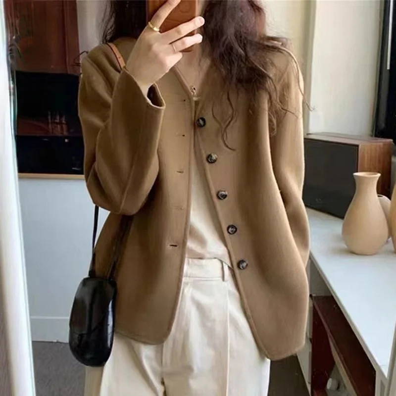 

Женское двубортное шерстяное пальто, однотонный Свободный Топ с V-образным вырезом, Осень-зима 2021