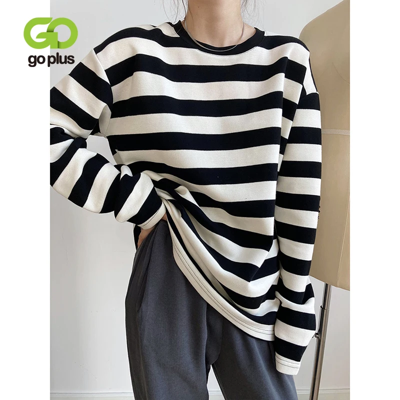 

GOPLUS Y2k Women Sweetshirts Striped Korean Tops Black White Jackets Long Sleeve Oversized Sweatshirt Casual Pullover C11632