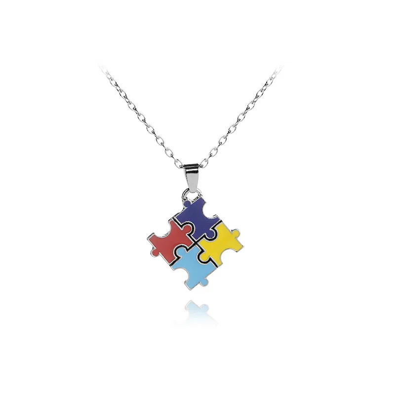 

Enamel Colorful jigsaw puzzle pendant necklace Cartoon Kawaii Cubic best friend family gift colorful autism awareness jewelry