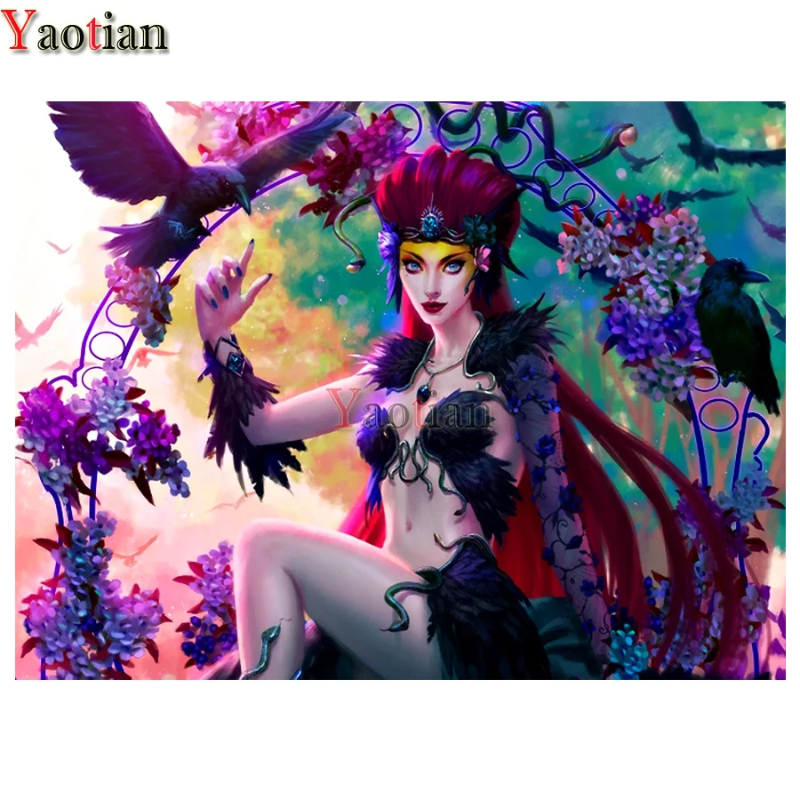 

Полноразмерная/круглая алмазная живопись, привлекательная красота и ворона 5D, набор для алмазной вышивки «сделай сам», Алмазная мозаика Ст...