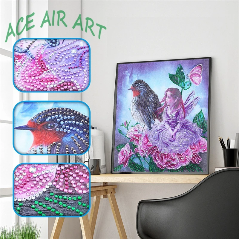 

Kids Gift Speical Shape Diamond Painting Girl With Bird And Pink Rose For Fun