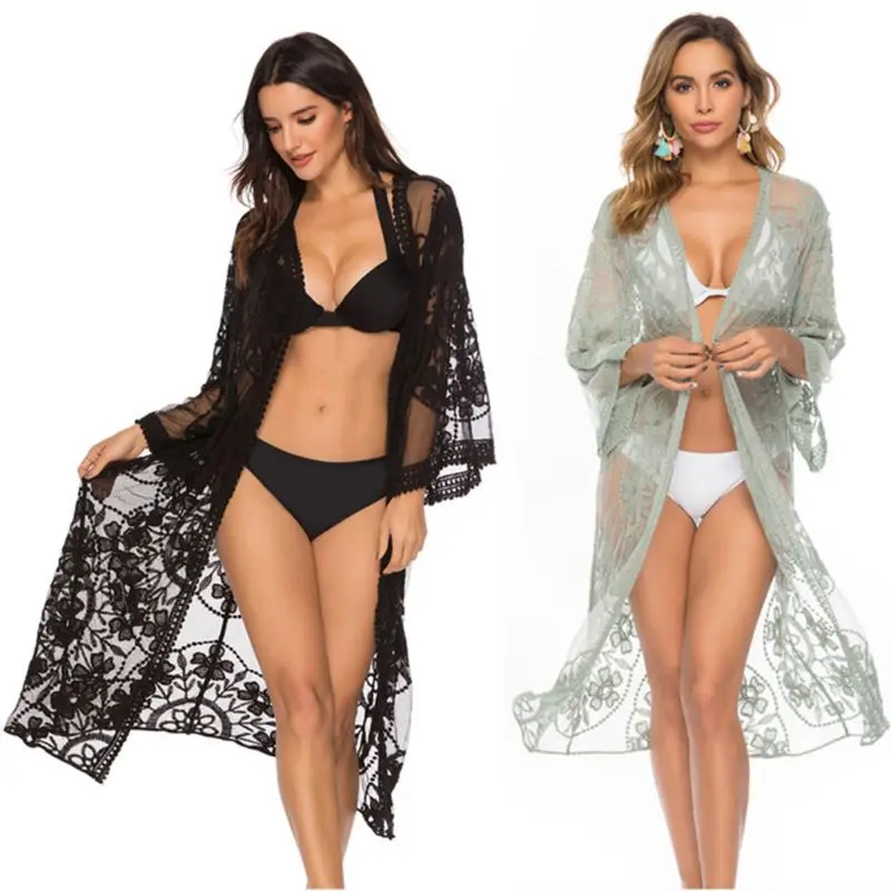 

Womens Sexy Floral Lace Bikini Cover Ups Sheer Open Front Long Kimono Cardigan 2020 Solid Color Swimsuit Beach Midi Long Kimono