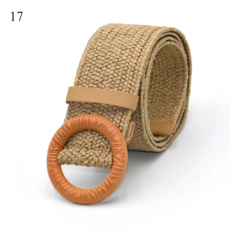 

Fashion Vintage Wooden Buckle Wide Belt Waist Belt Waistband Fake Straw Leopard Buckle Linen Weave Braided Women Belt Elastic