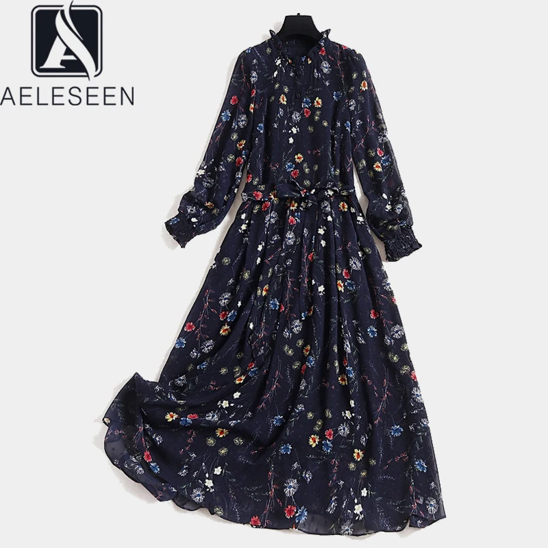 Женское длинное шифоновое платье AELESEEN модельное с длинным рукавом и оборками
