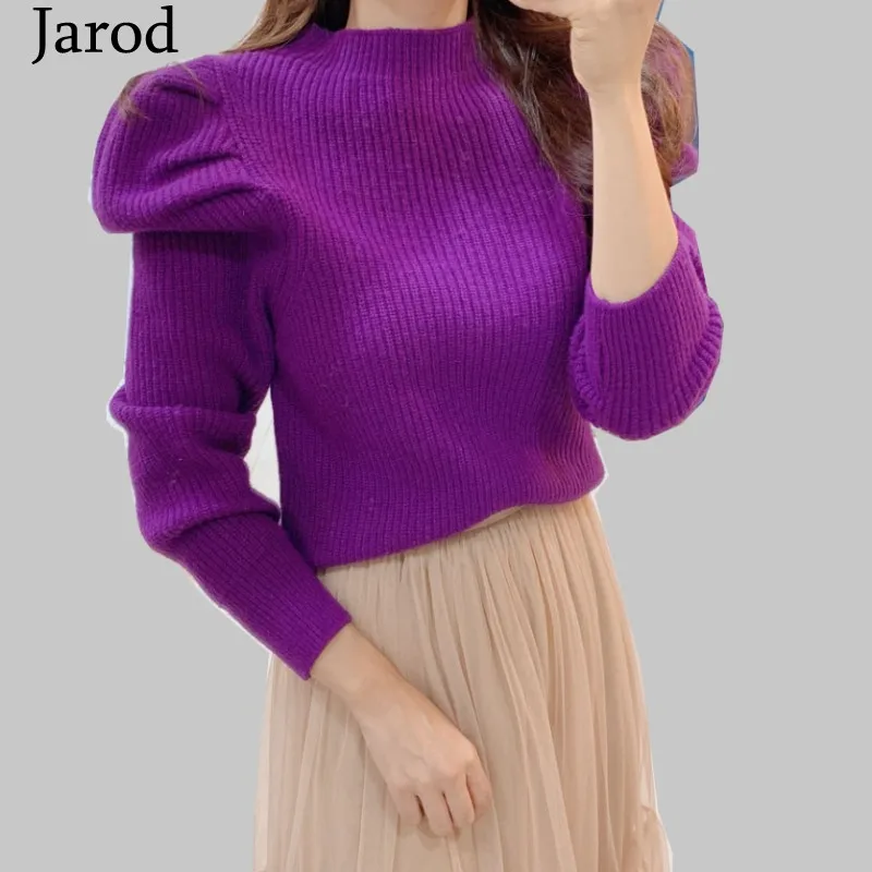 Женский свитер с длинным рукавом-фонариком вязаный высоким воротником