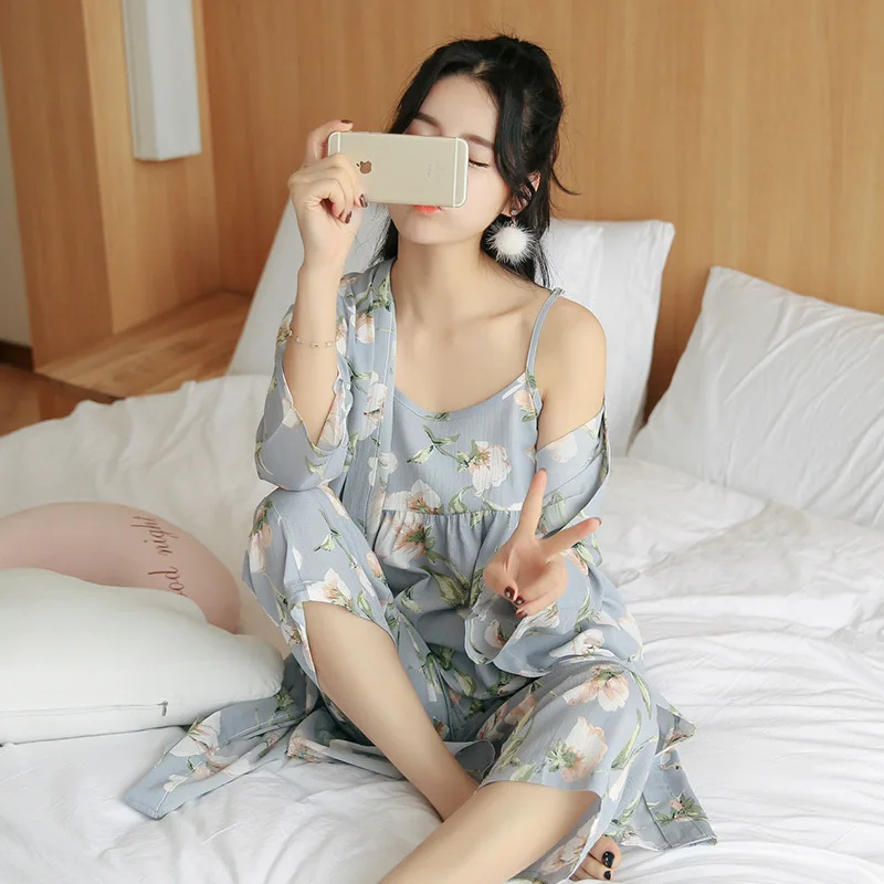 

Spring Autumn Women Cotton Pajamas Set Flower Print Summer Thin Pyjama Long Robe+Pants+Vest 3 Piece/Set Sleepwear Pijama