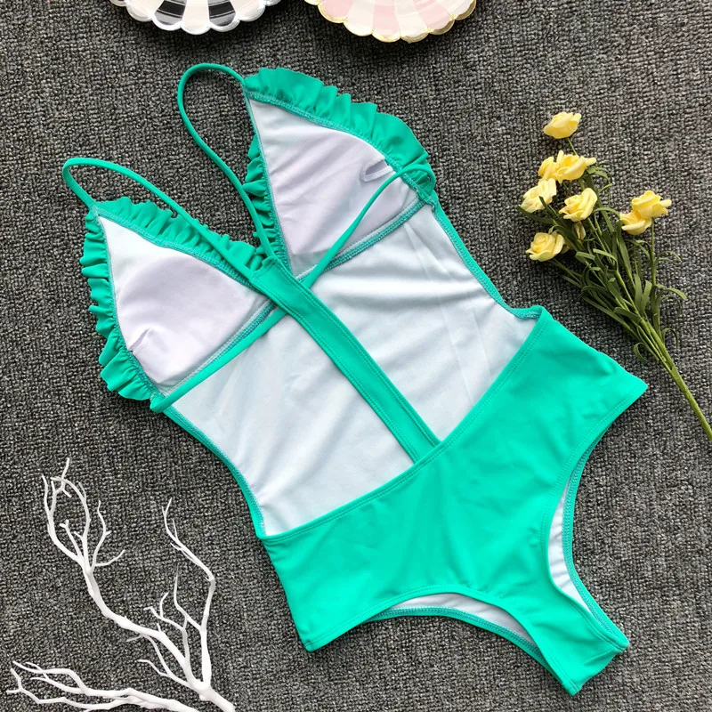 

Cut one piece swimsuit women 2021 ruffle Monokini Thong swimwear female Backless Trikini Sexy Brazil bathing suit Beachwear
