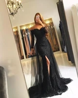 black muslim evening dresses 2019 mermaid 34 sleeves lace beaded slit tulle v neck dubai kaftan saudi arabic long evening gown