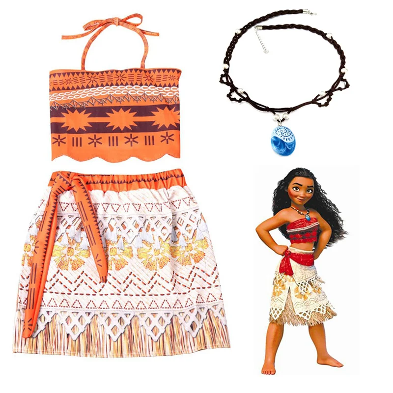 Moana Dress with Necklace Toddler Kids Clothes Set Princess Moana Costume Vaiana Dresses Girl Clothing Halloween Cosplay Costume