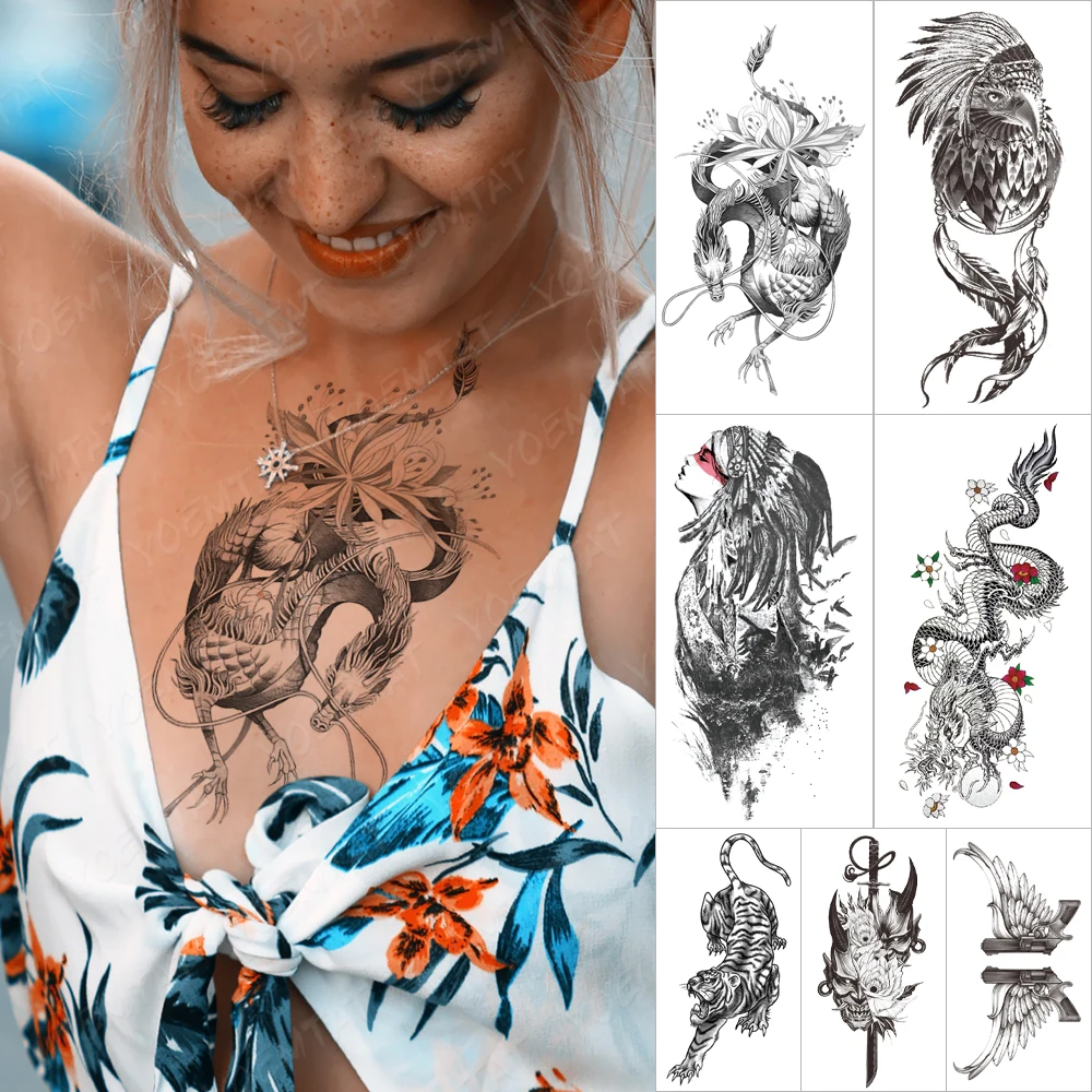 

Waterproof Temporary Tattoo Sticker Dragon Tiger Lotus Plum Flash Tattoos Indian Eagle Wings Body Art Fake Arm Tatto Women Men