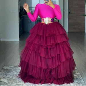 Бургундия Пышное драпировки, тюль юбки Для женщин на Свадебная вечеринка пол Длина сетки Тюлевая юбка макси юбка эластичный пояс Saia Faldas