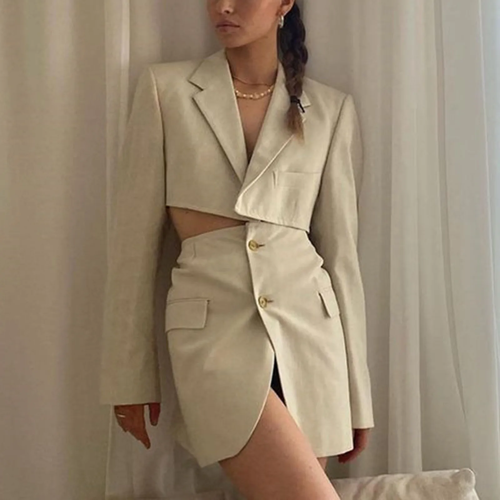 

2021 Fashion Office Ladies Short Blazer Skirt Set Women Long Sleeve Cardigan One Button Notched Covered Hip Short Skirt Suit