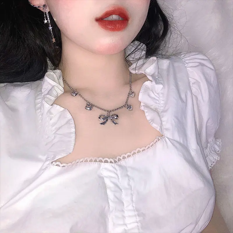 

2021 New Party Birthday Romantic Cute Girl Ins Bow Peach Heart Love Flash Lady Necklace Choker