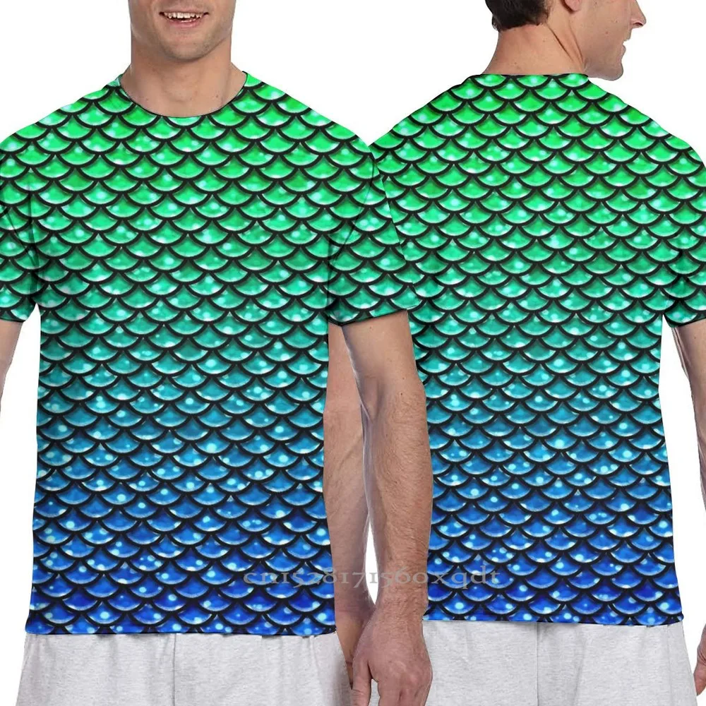 Одежда для родителей и детей рыбья чешуя Русалка сине-зеленая Мужская футболка с