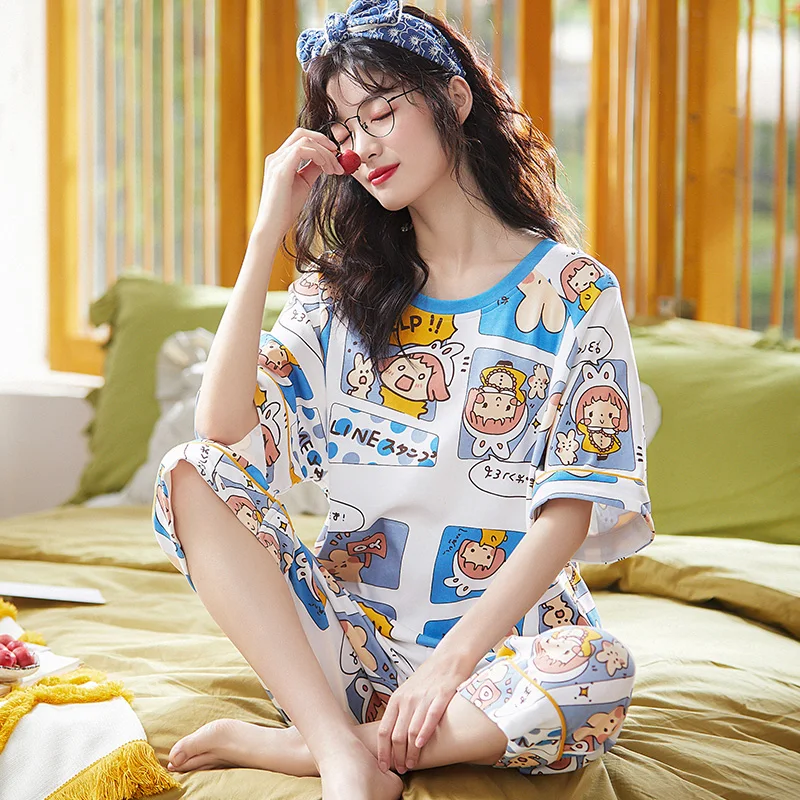 

Women's Pajamas Set Summer Casual Cotton Homewear Female Large Size Short Sleeve Sleepwear Set Kawaii Cartoon Girls Nightwear