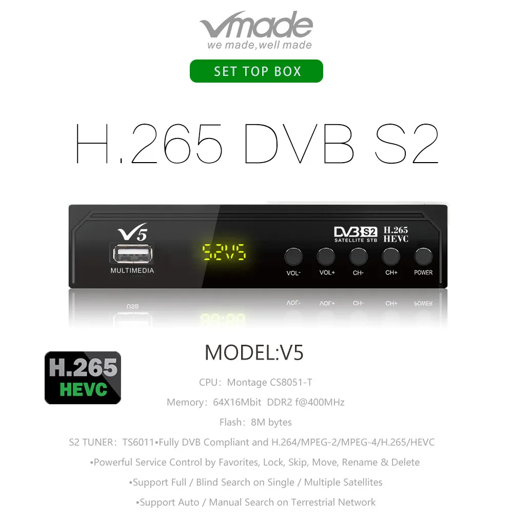 V5 HD 1080P DVB S2 спутниковый ТВ приемник H.265 HEVC поддержка Youtube Bisskey с USB WiFi Europe Set Top Box для
