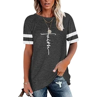 womens t shirt top amazon cross print hit color stitching round neck short sleeved t shirt