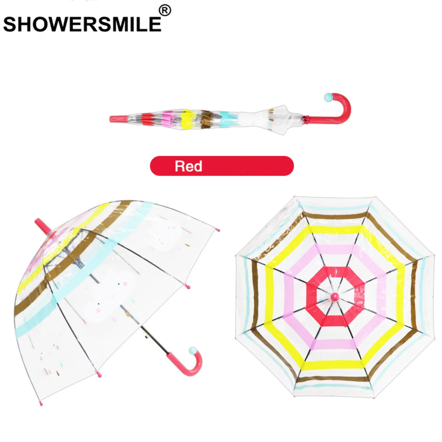 SHOWERSMILE Детский прозрачный зонтик, Детские Зонты с длинной ручкой, милый зонтик для мальчиков и девочек