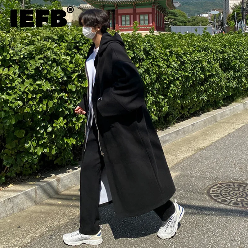 

IEFB Zipped Tweed Overcoat Men's Autumn Winter Knee-length Korean Trendy Loose Thickened Hooded Long Jacket New Korean Chic