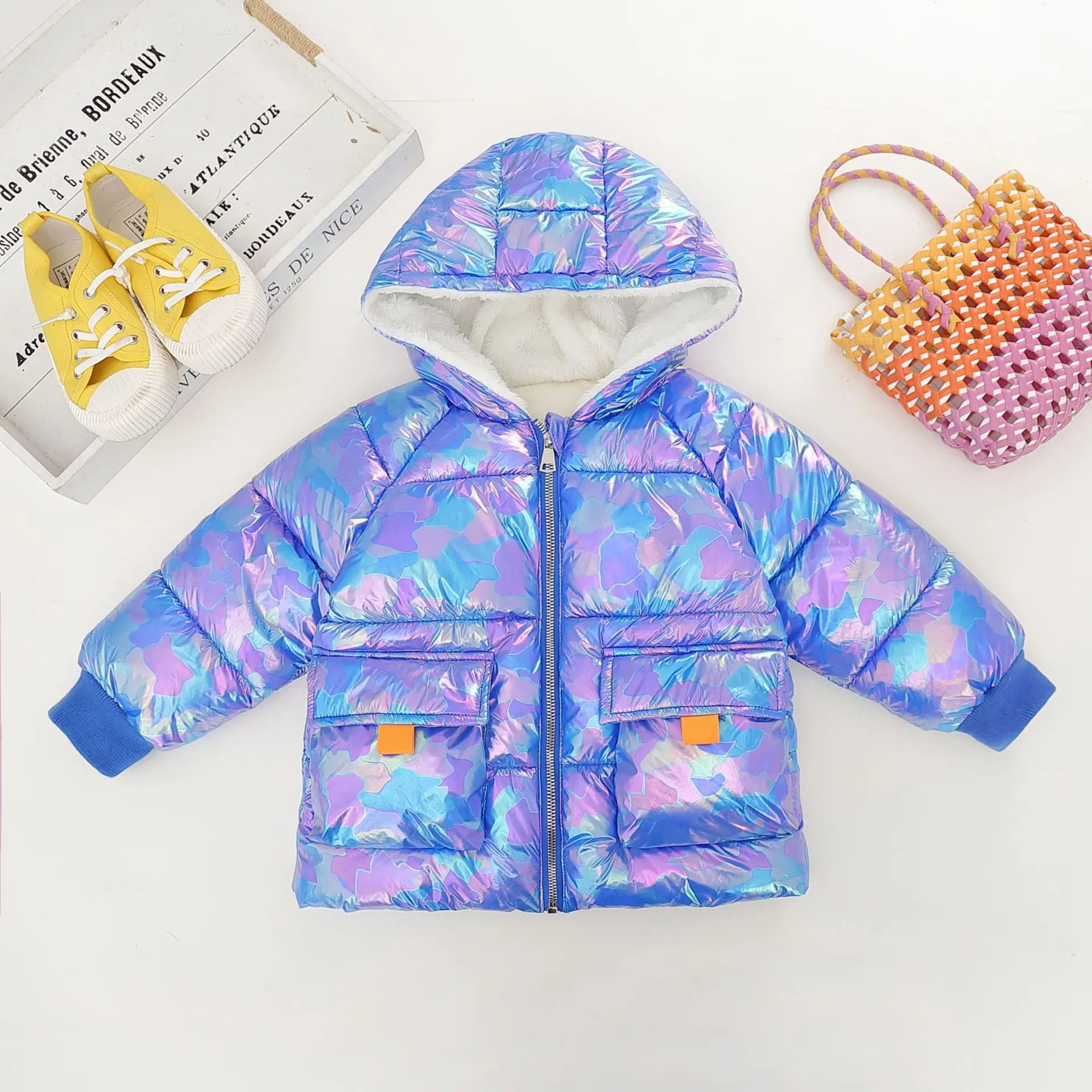 

Winter Camouflage Fleece Jacket For Girls 2-8 Year Beauty Minimalist Solid Hooded Outerwear Kids Cute Shine Blue Parka Coat Boys