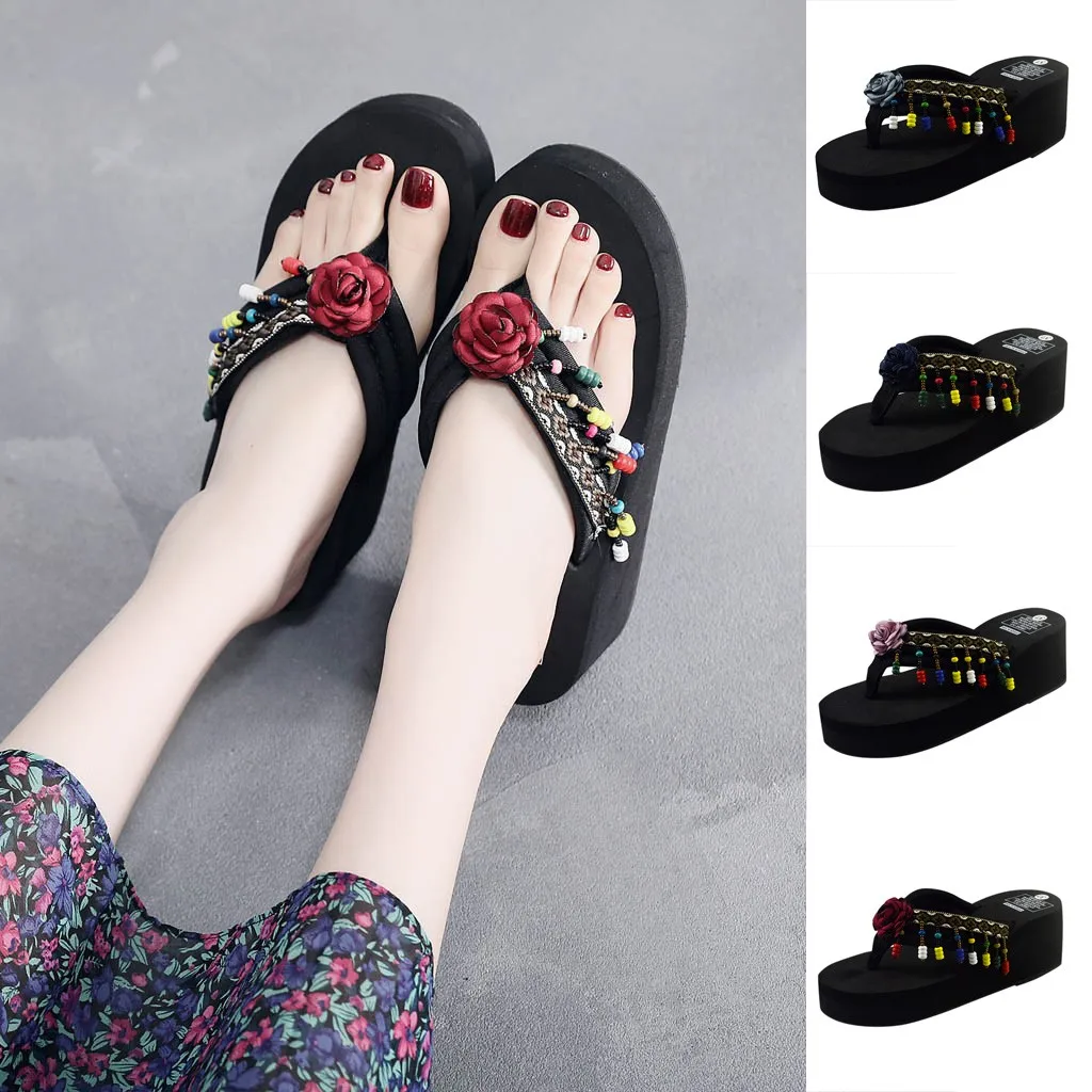 

High-heeled slippers female summer national wind retro seaside beach thick bottom non-slip flip-flops slippers