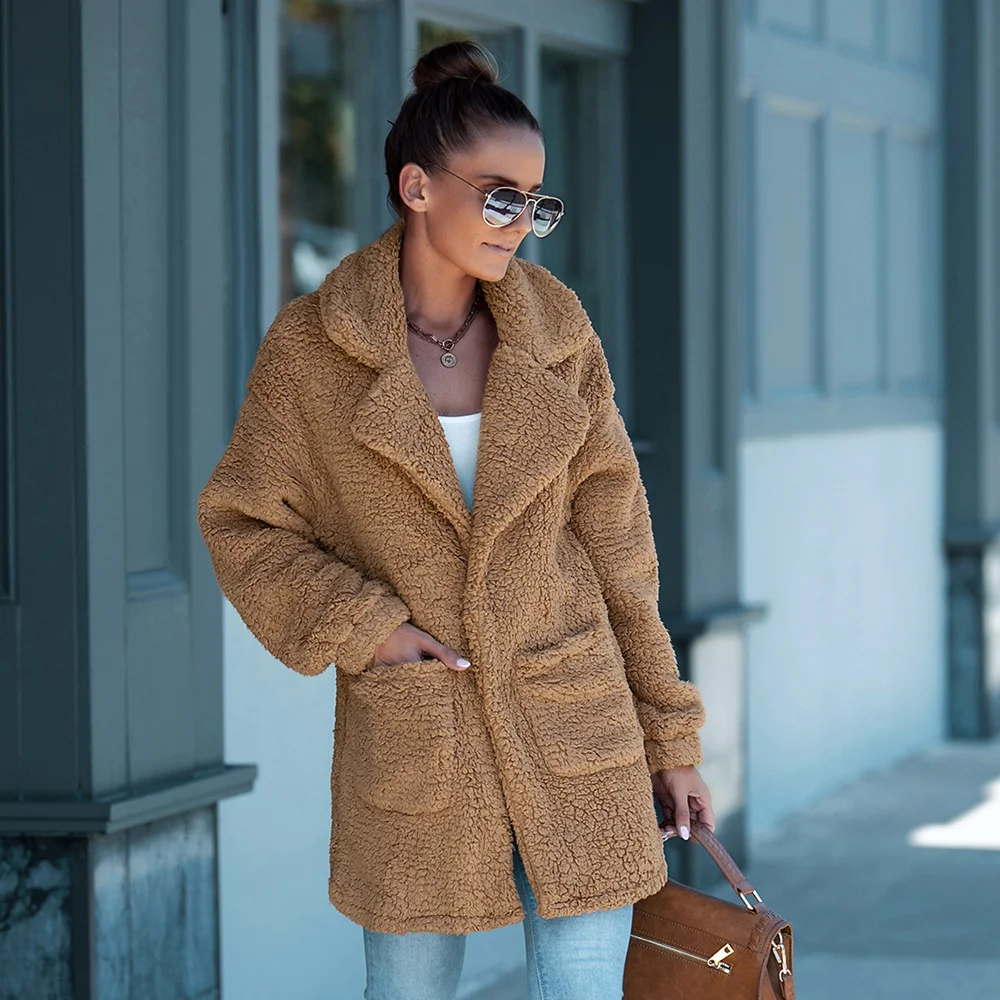 

Fashion Furry Warm Jackets Long Sleeve Turn-down Collar Covered Button Commute Women Coats Khaki Wool Cardigan Female Overcoat