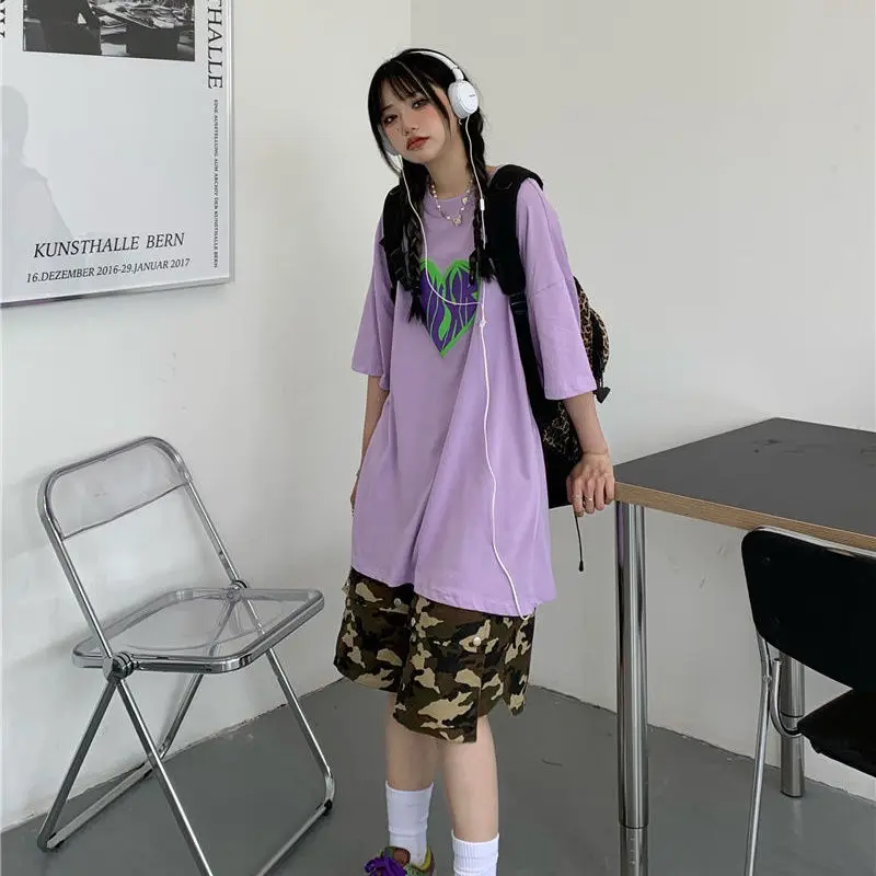 

Love print short sleeve t-shirt female 2021 summer loose Korean version Harajuku style versatile couple's student top fashion