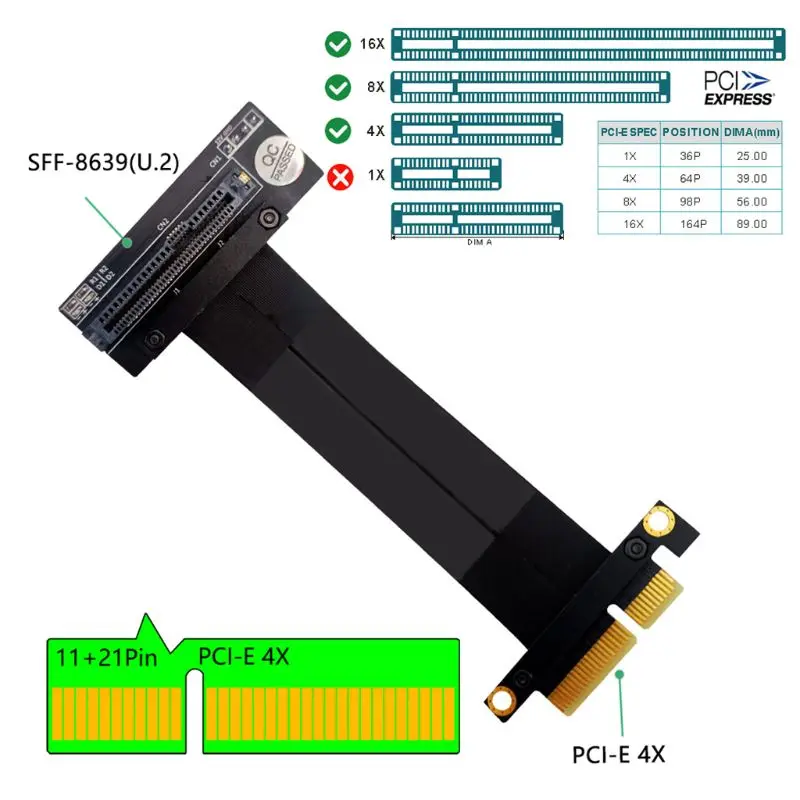 

U.2 NVMe SSD to PCI-E 3.0 x4 Extension Cable SFF-8639 NVMe PCIe 4x Gen3 Riser Card Line High Speed Transmission