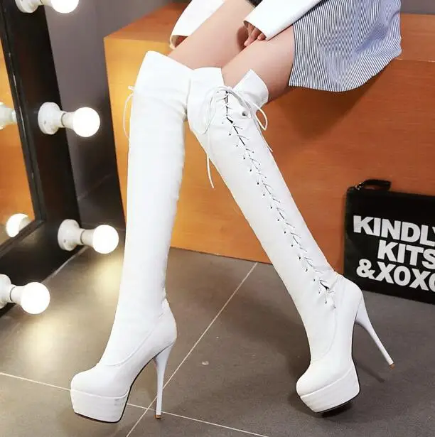 

Женские сапоги до бедра на высоком каблуке, с круглым носком