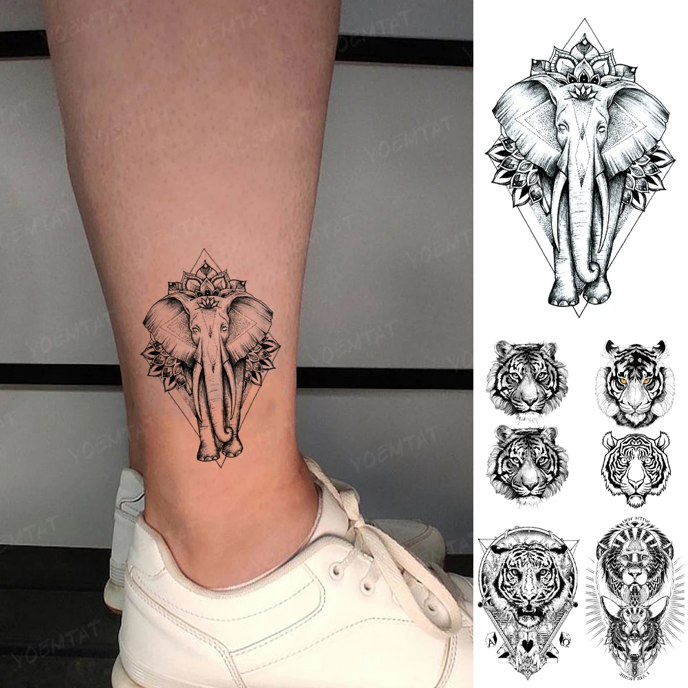 

Водостойкая временная татуировка-наклейка, слон, Лев, тигр, волк, маленькая черная татуировка для ног, лодыжек, поддельные татуировки для му...