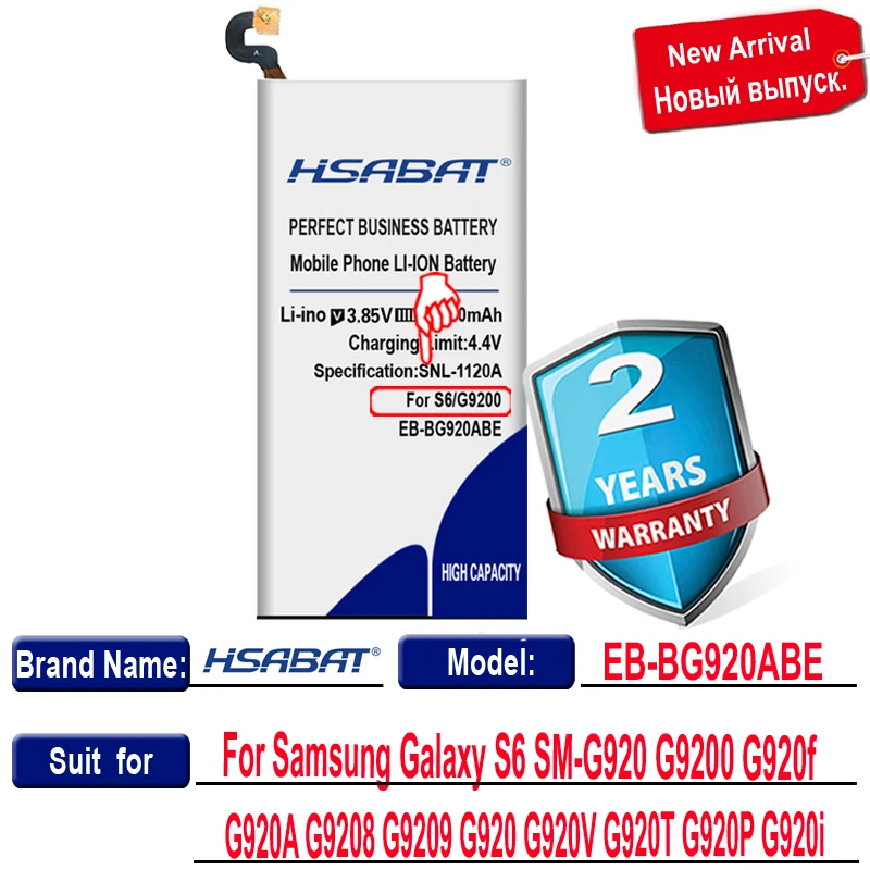 Аккумулятор HSABAT 6200 мА · ч для Samsung Galaxy S6 SM-G920 G9200 G920f G920i G920A G9208 G9209 G920 G920V G920T G920P EB-BG920ABE