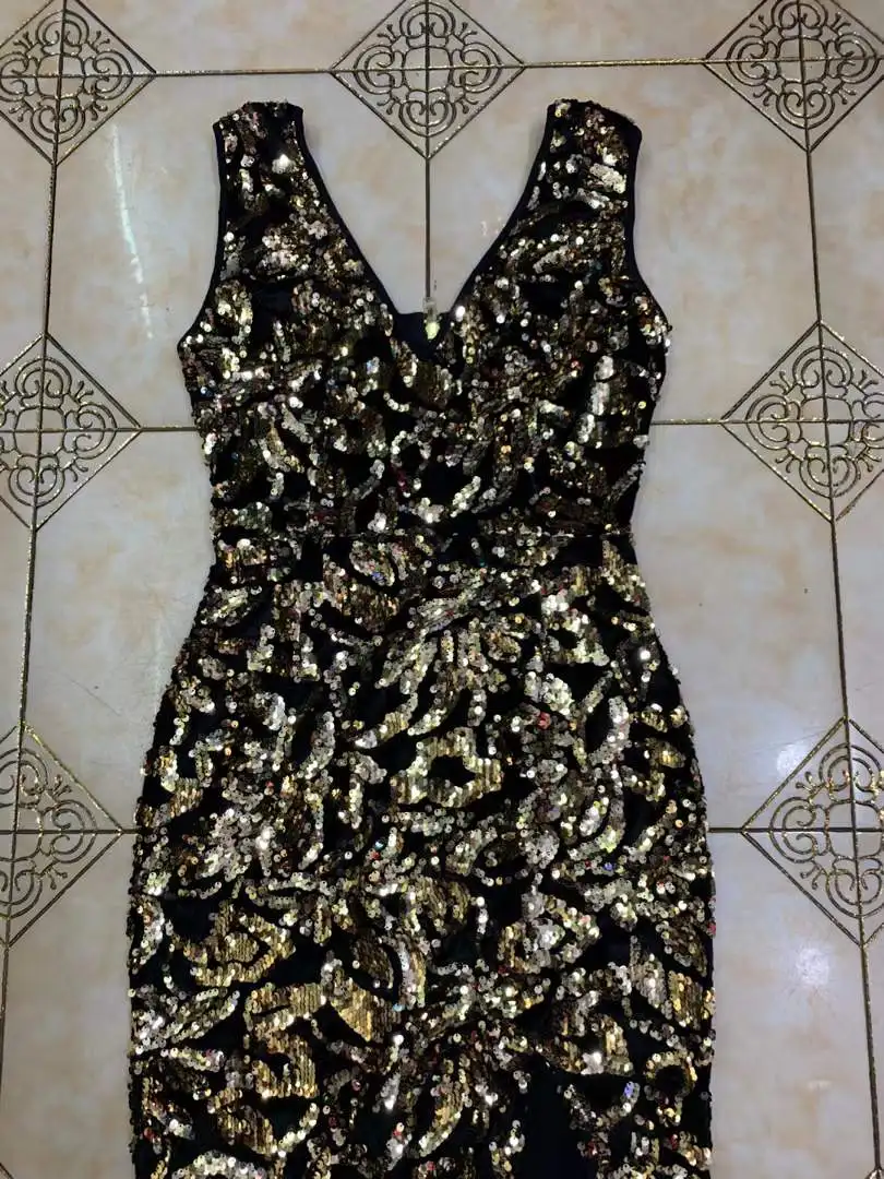 

2020 New Arrival women black Sequined Elegant V-Neck spaghetti strap Bodycon Celebrity Evening Party Bandage Dress wholesale