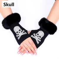 funny funky 2021 new fashion winter gloves faux fur collar skulls heart stars knitted gloves without fingers for women mitten