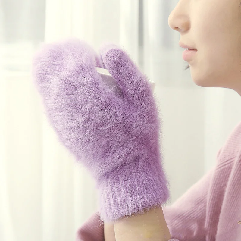 

Women Winter Plus Velvet Inside Full Finger Keep Warm Thicken Elegant Female Windproof Soft Long Rabbit Fur Mittens Gloves