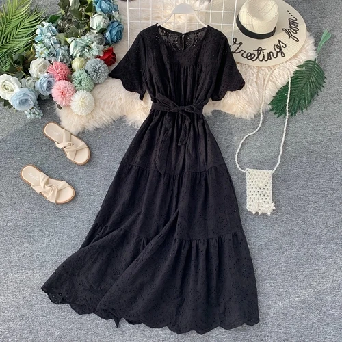 

2020 Summer Dress New Korean Sweet Round Neck High Waist Cloth Short Sleeve Elegant Vestidos